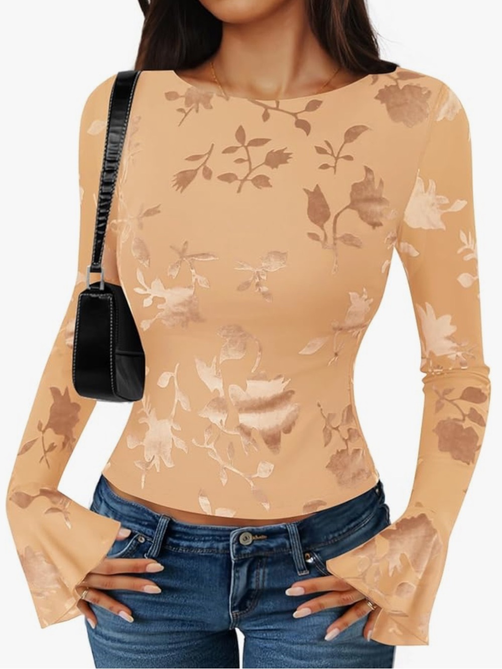 Women's Floral Bell Sleeve Long Sleeve Top - Tan